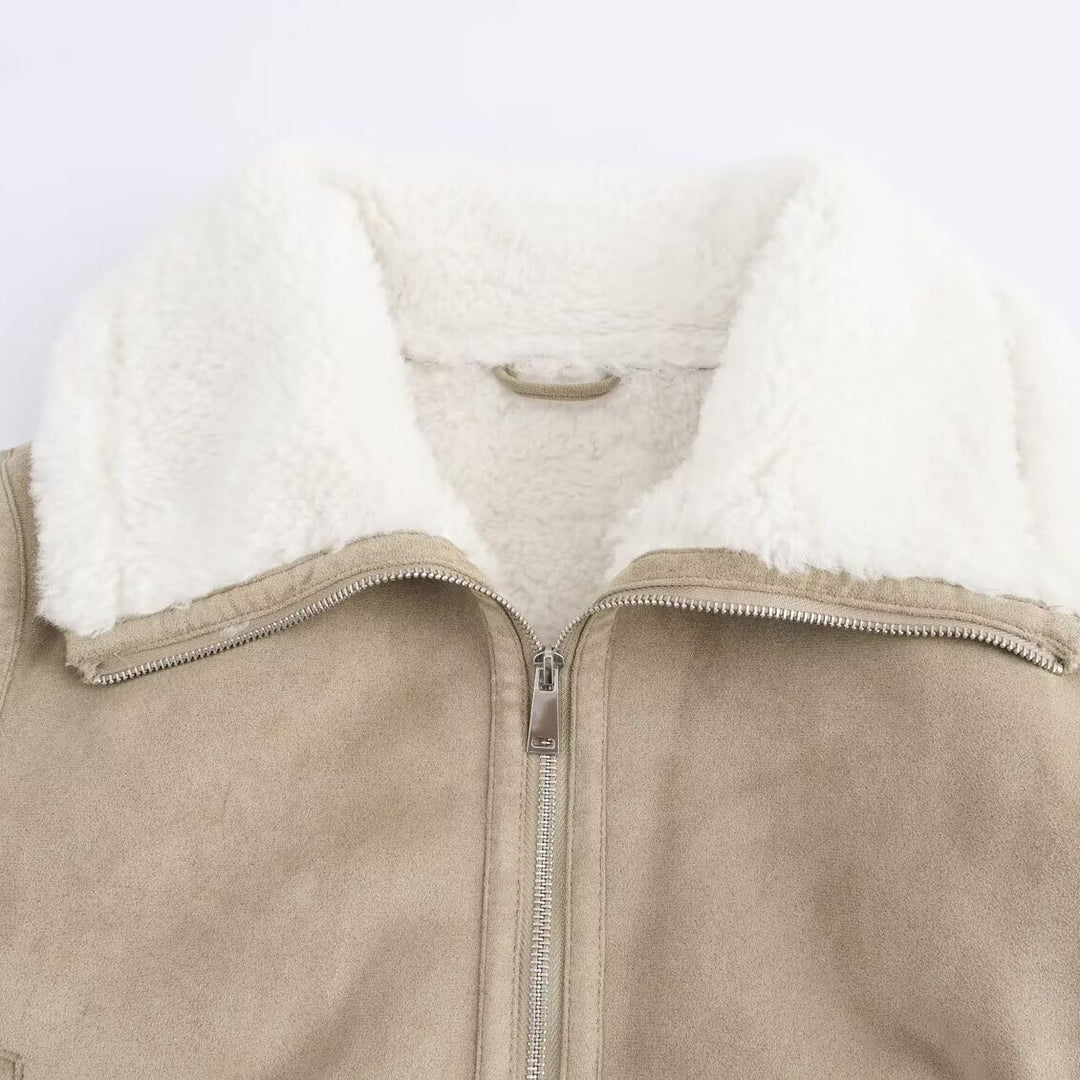 Women's short-cut faux suede bomber jacket with teddy lining, zip and ribbed cuffs Mune Fashion