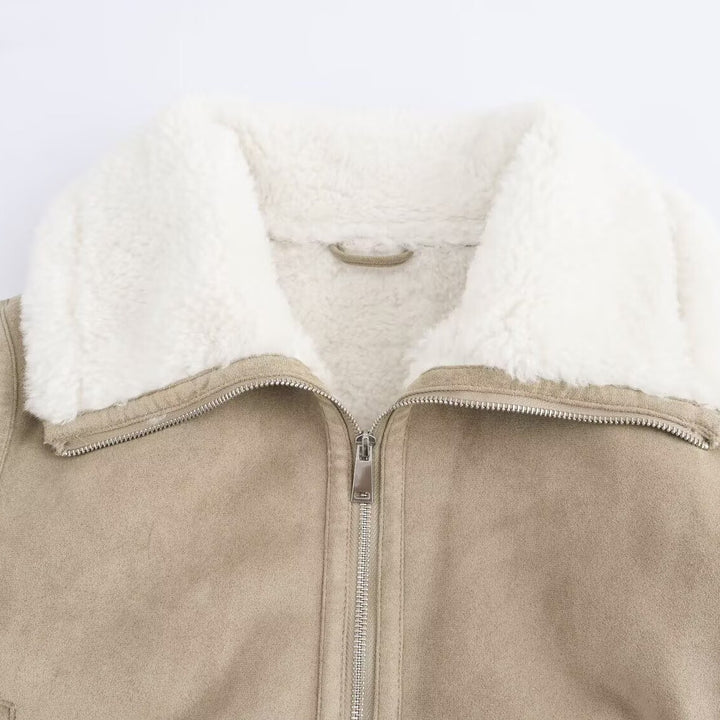 Women's short-cut faux suede bomber jacket with teddy lining, zip and ribbed cuffs Mune Fashion