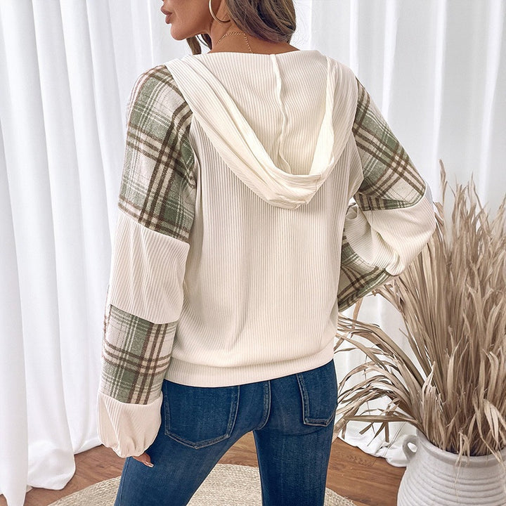 Ladies Stylish Long Sleeve Shirt with Button Details and Checkered Sleeves Mune Fashion