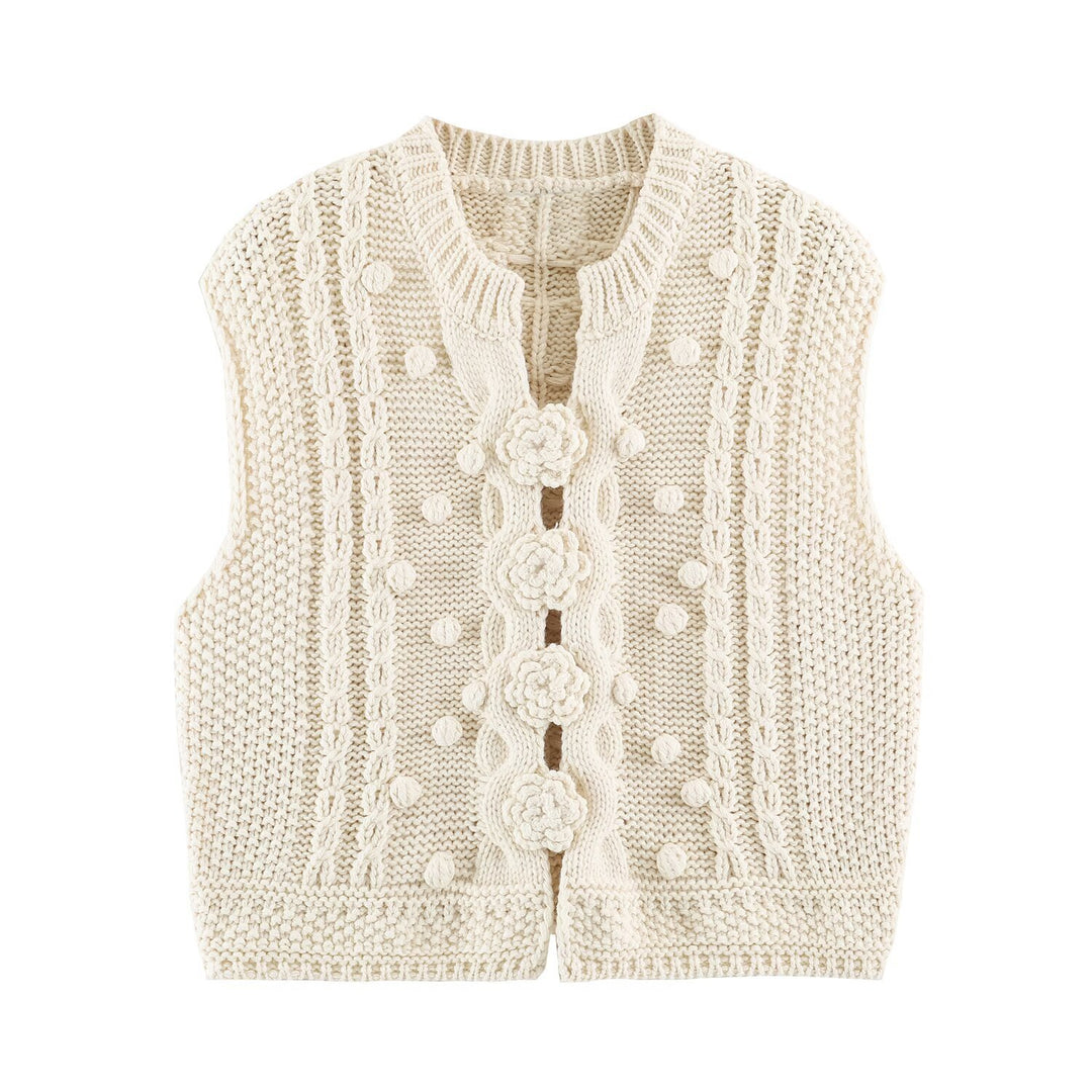 Women's knitted vest with cable pattern, flower appliqués and bobble texture Mune Fashion