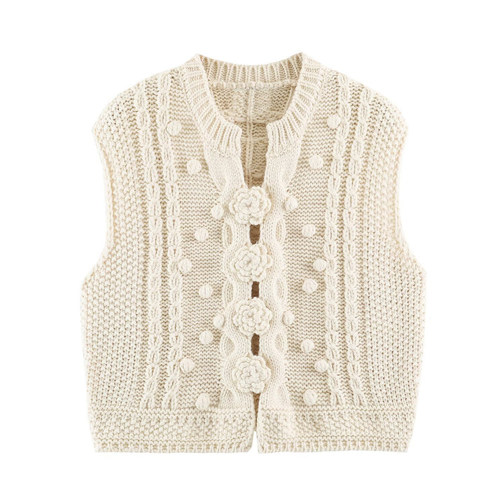 Women's knitted vest with cable pattern, flower appliqués and bobble texture Mune Fashion