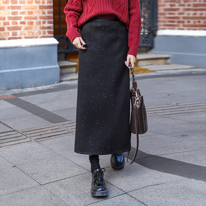 Women's tailored wool-blend midi skirt with subtle glitter texture, Mune Fashion