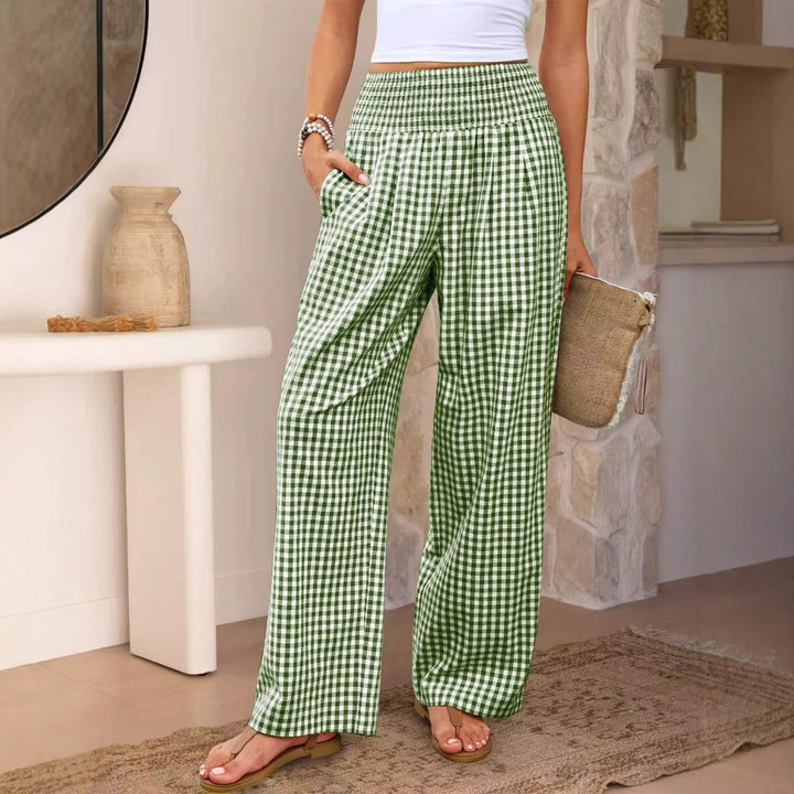 Women Lightweight Palazzo Pants with Smocking Waist, Wide Leg and Check Print Mune Fashion