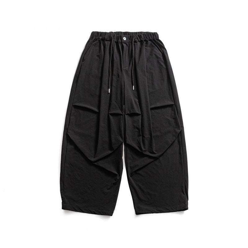 Men's Wide Cropped Harem Pants with Pleat Look, Elastic Waistband and Drawstring Mune Fashion