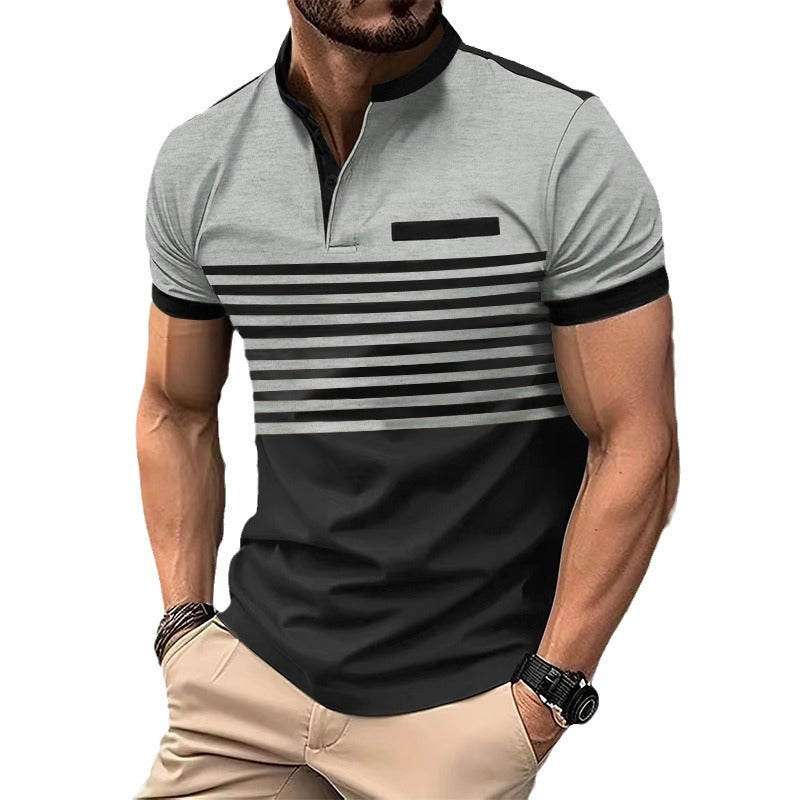 Men's short-sleeved Henley top with short button placket, chest piping, and block stripes Mune Fashion