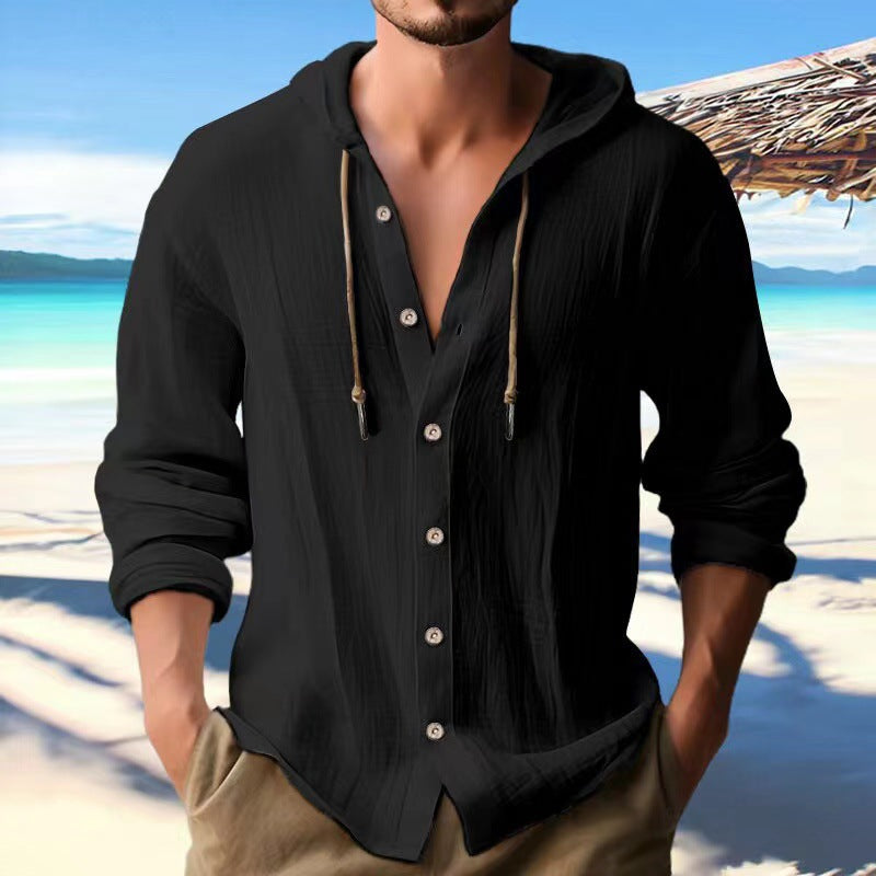 Men's lightweight hoodie shirt in linen look with full button placket Mune Fashion