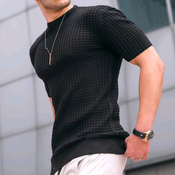 Men's waffle structure short sleeve knit shirt with slim fit and elastic rib hem Mune Fashion