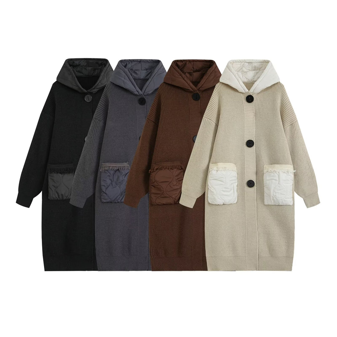 Women's Longline Chunky Knit Coat with Quilted Hood and Oversized Front Pockets Drune