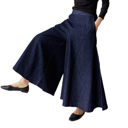 Women's Wide Denim Culotte Pants with Side Pockets Mune Fashion