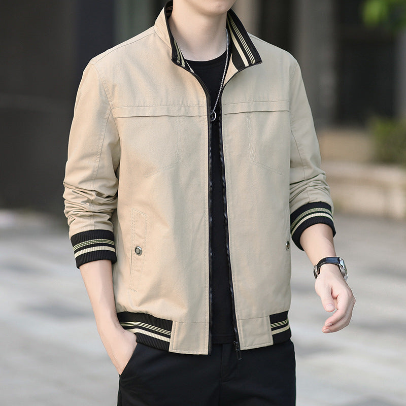 Men's modern canvas bomber jacket in worker style with striped ribbed cuffs and zipper Mune Fashion