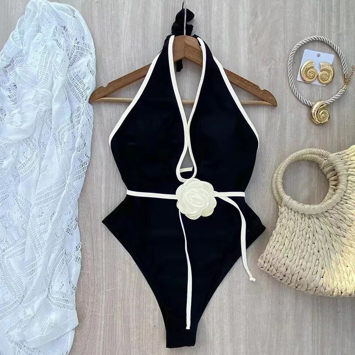 Women's Elegant Swimsuit with High Neckline and Floral Accent Mune Fashion