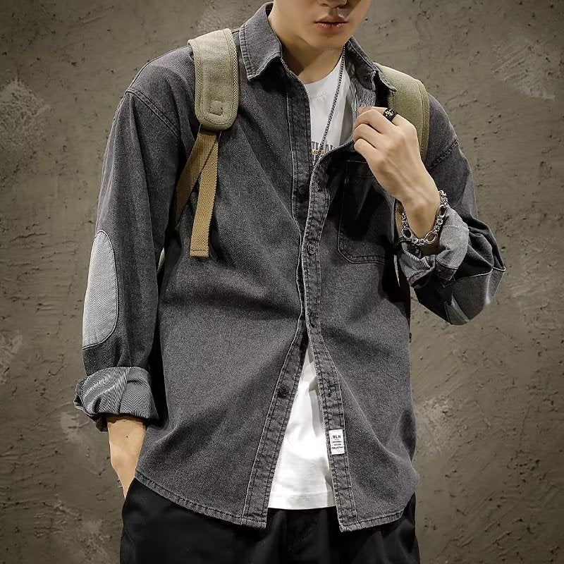 Men's Relaxed Denim Shirt Jacket in Vintage Wash with Elbow Patches and Sewn-On Chest Pocket Mune Fashion