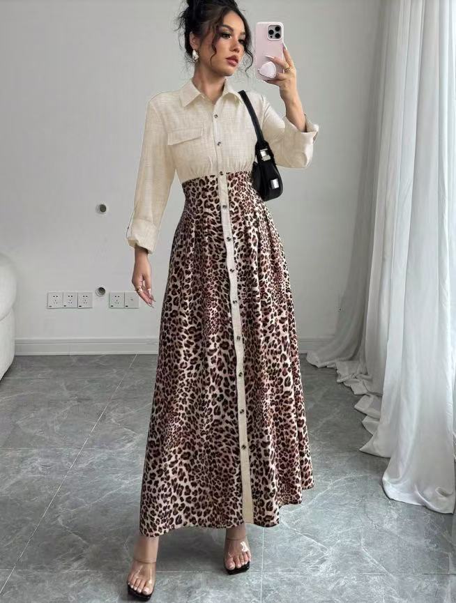 Women's Shirt Dress with Denim Top and Leopard Maxi Skirt Mune Fashion