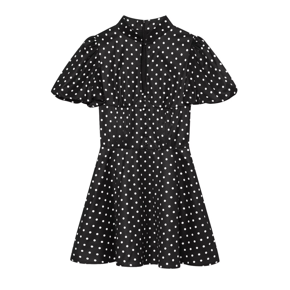 Women's Polka Dot A-Line Dress with Stand Collar, Tailoring and Balloon Sleeves Mune Fashion
