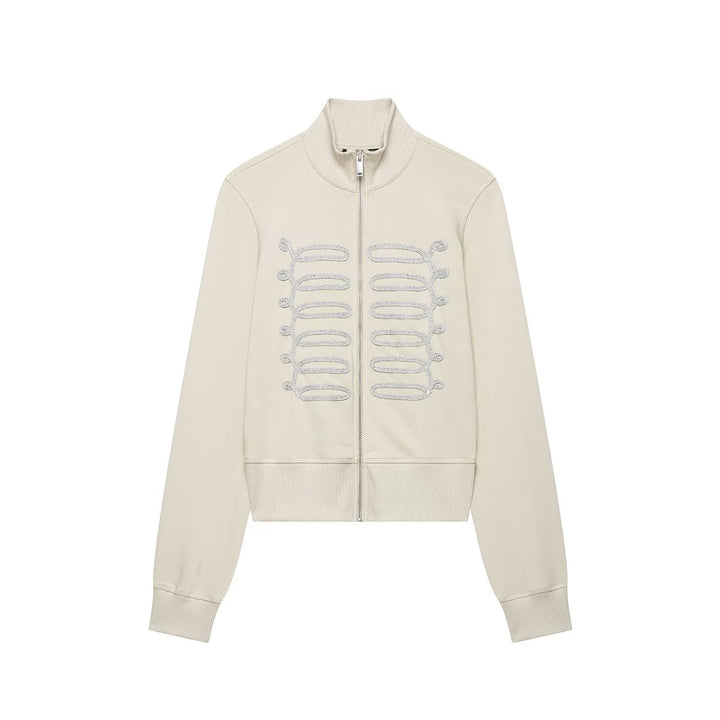 Women's Short-Cut Sweat Jacket with Stand-Up Collar and Military-Inspired Decorative Cords Drune