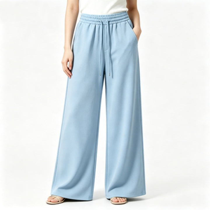 Ladies wide high-waist lounge pants with elastic waistband, drawstring, and flowing jersey Mune Fashion