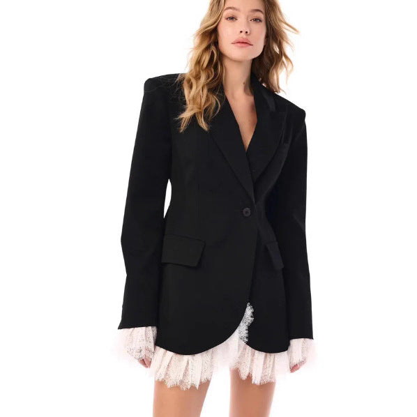 Women's longer tailored blazer coat with lapel collar and patch pockets Mune Fashion