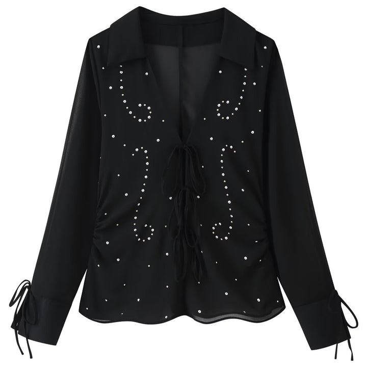 Women’s chiffon blouse with sequin trim, deep V-neck and decorative tie bands Mune Fashion