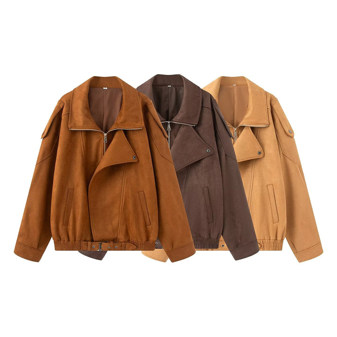 Women Oversize Bomber Jacket with Wide Lapel Collar, Waist Belt and Shoulder Epaulettes Mune Fashion