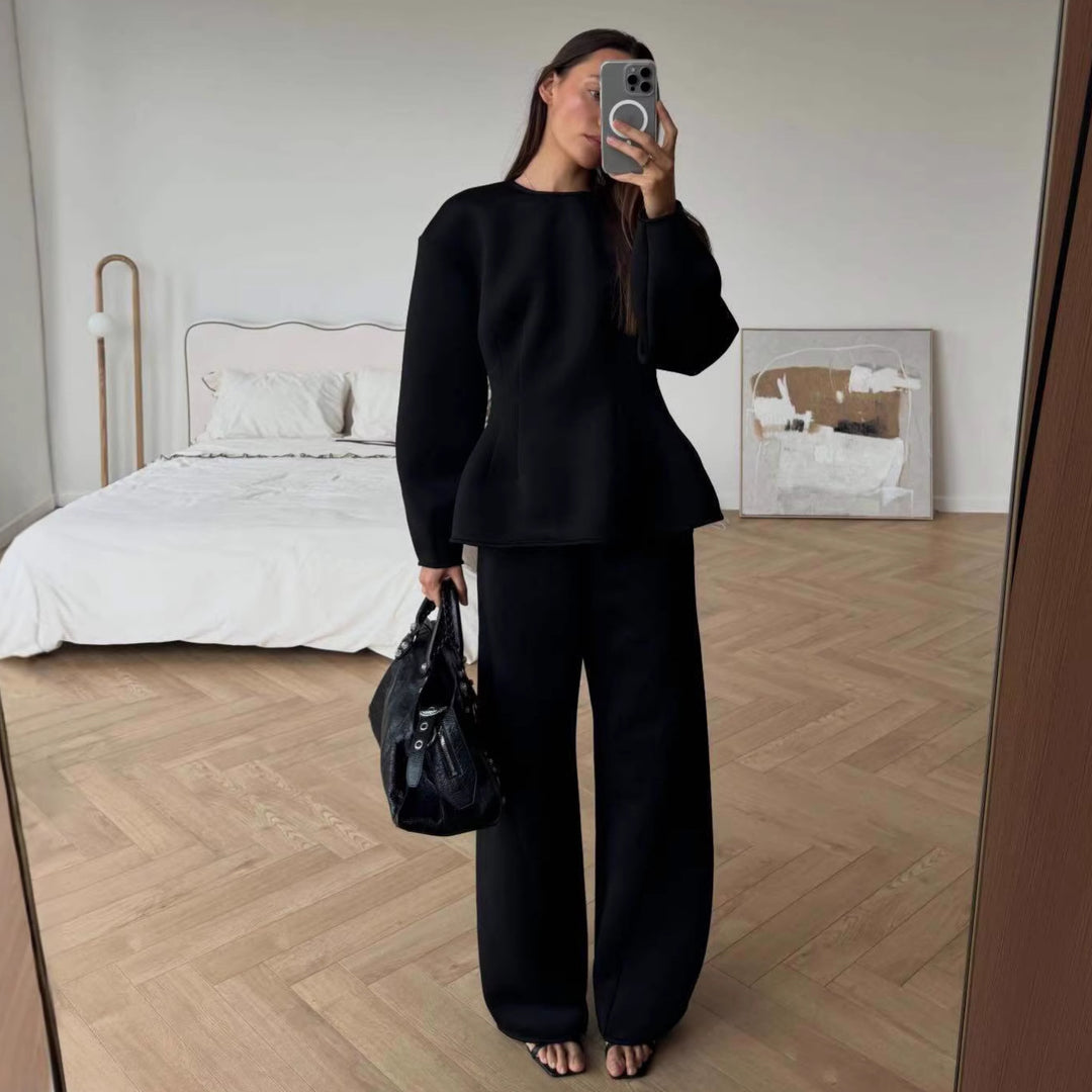 Women's Tailored Peplum Top with Wiener Seams and Wide Lounge Pants Set Mune Fashion