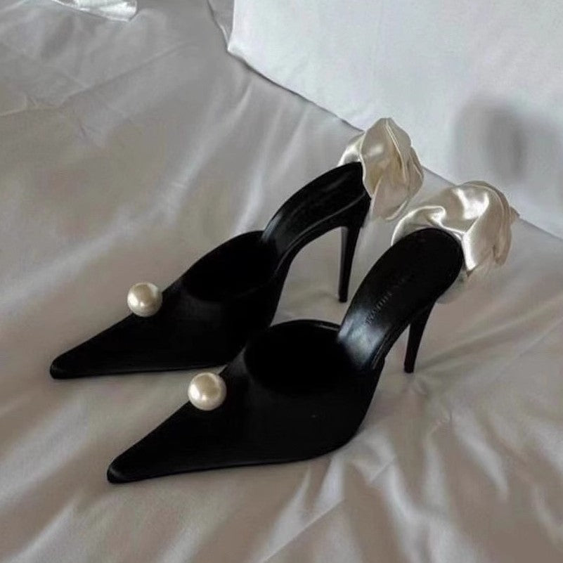 Women's Lace Satin Flower Stiletto Mules with Pearl Application Mune Fashion
