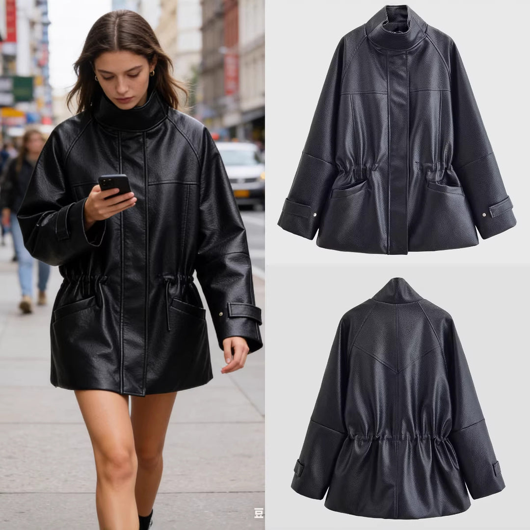 Women's Oversized Jacket in Leather Look with Stand-up Collar and Waist Drawstring Mune Fashion