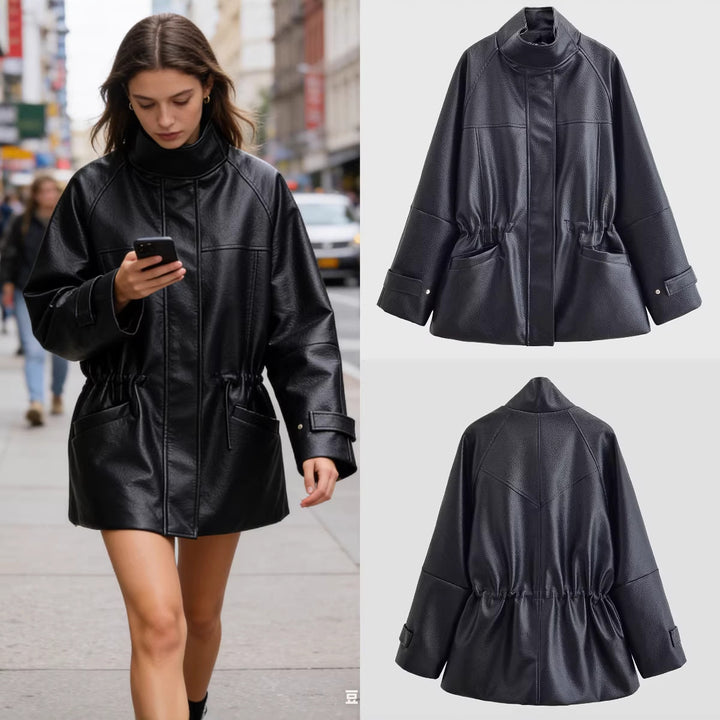 Women's Oversized Jacket in Leather Look with Stand-up Collar and Waist Drawstring Mune Fashion