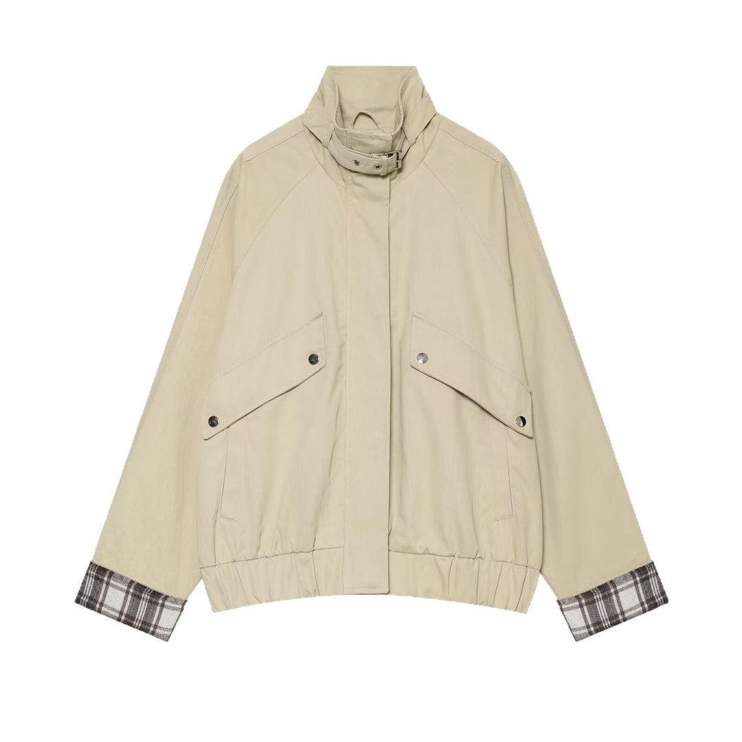 Women Short Boxy Field Jacket with High Funnel Collar and Checked Sleeve Cuffs Mune Fashion