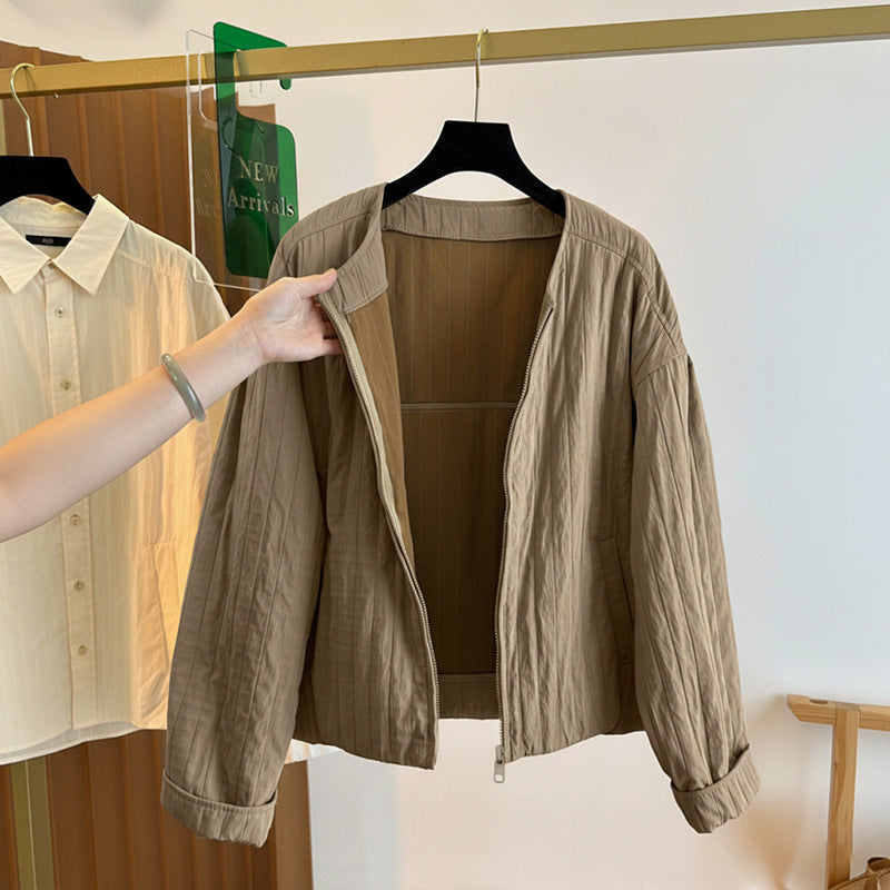 Women Light Quilted Bomber Jacket with Stand-up Collar and Zipper Mune Fashion