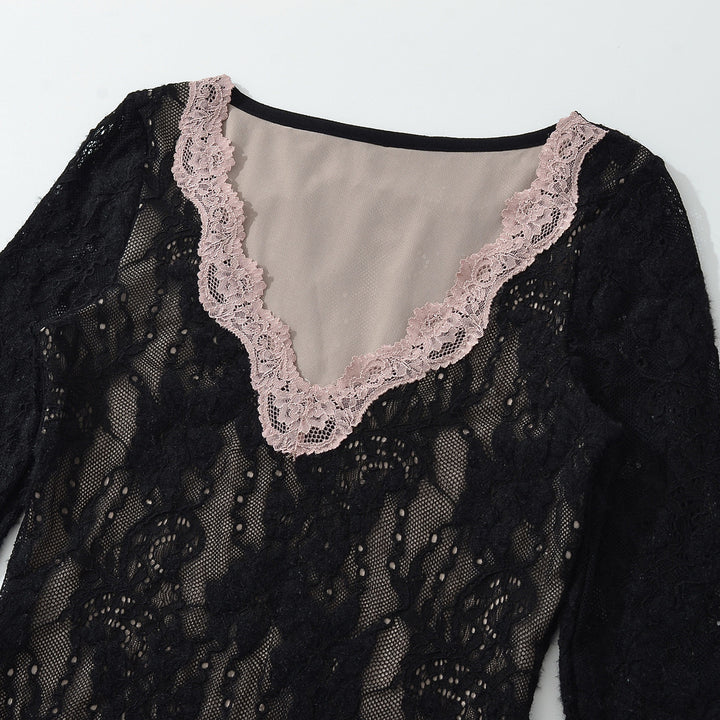 Women's lace bodysuit with long sleeves, deep V-neck and fine tulle lace.