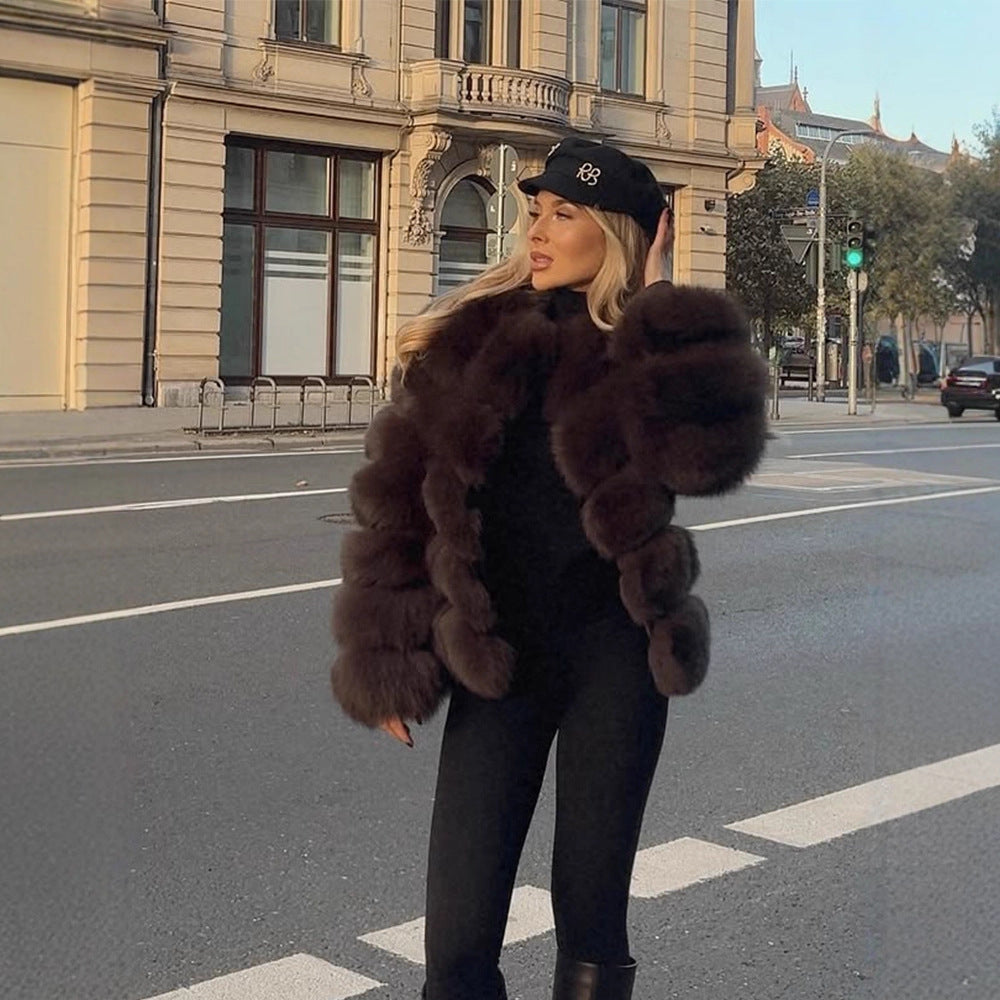 Women's Short Plush Boxy Faux Fur Blouson with Layered Volume Stripes Mune Fashion
