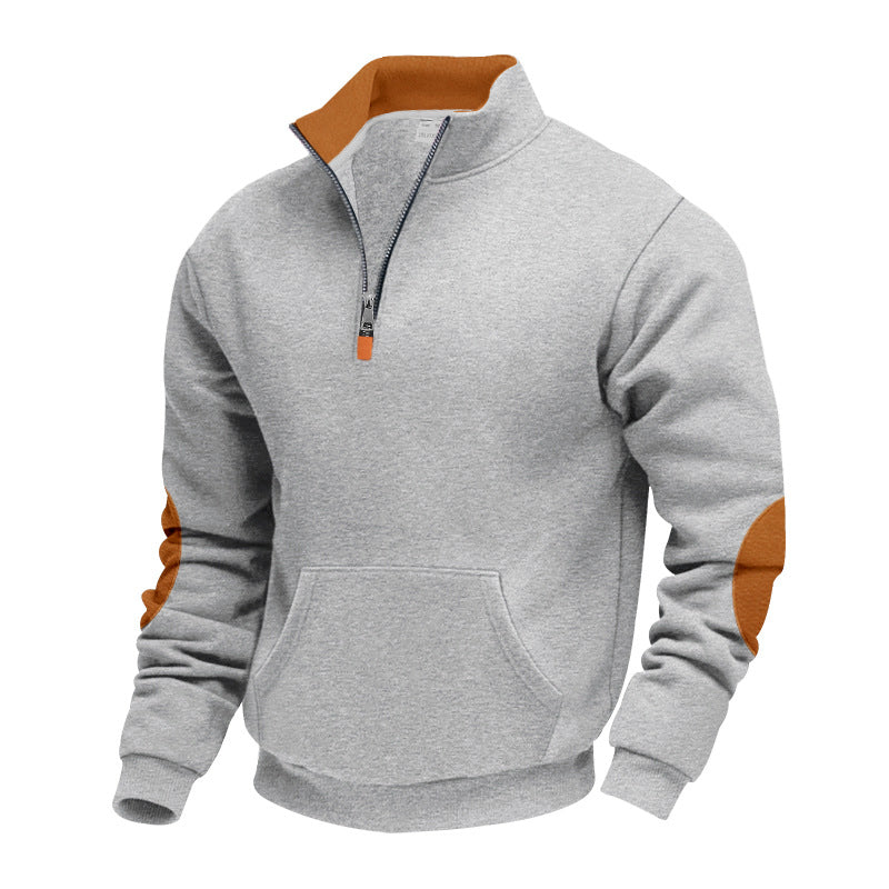 Men's Nano Insulated Half-Zip Pullover with Stand-Up Collar Fleece Lining Kangaroo Pocket and Suede Elbow Patches Mune Fashion