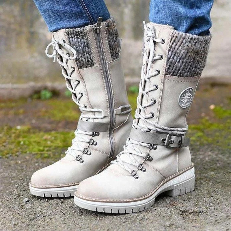 Women nan padded lace-up boots with knitted shaft, decorative buckle strap, and patterned rubber sole Mune Fashion