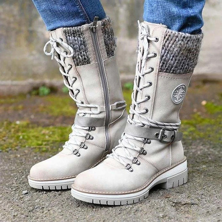 Women nan padded lace-up boots with knitted shaft, decorative buckle strap, and patterned rubber sole Mune Fashion