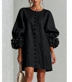 Women’s Short-Cut Linen Dress with 3D Flower Sleeves and Center Button Placket Mune Fashion