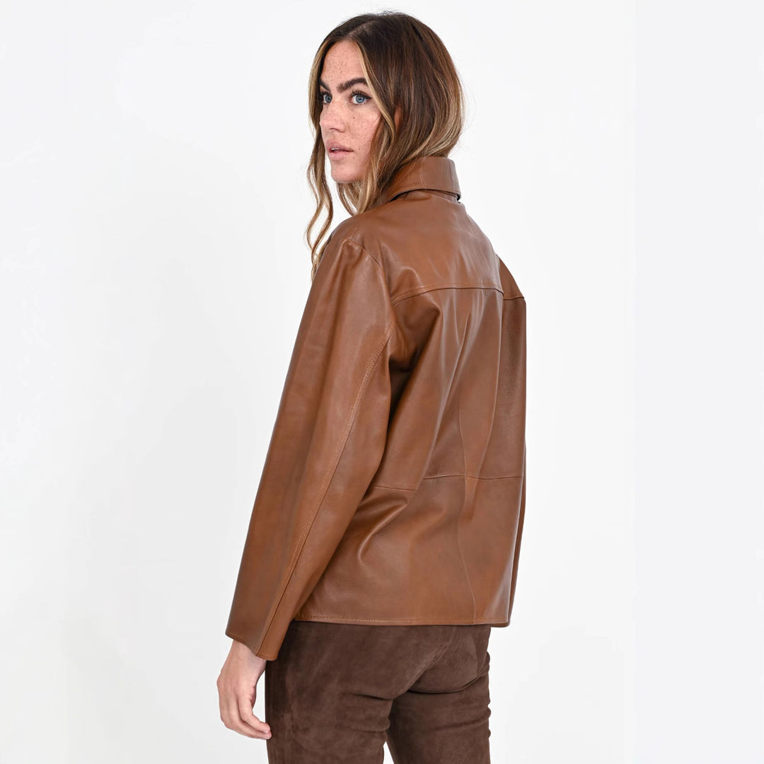 Women's Overshirt Jacket in Leather Look with Attached Breast Pocket and Concealed Button Placket Mune Fashion