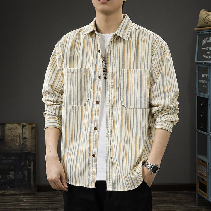 Men's Oversized Wide Corduroy Shirt Jacket with Vertical Stripe Texture and Patch Chest Pockets Mune Fashion