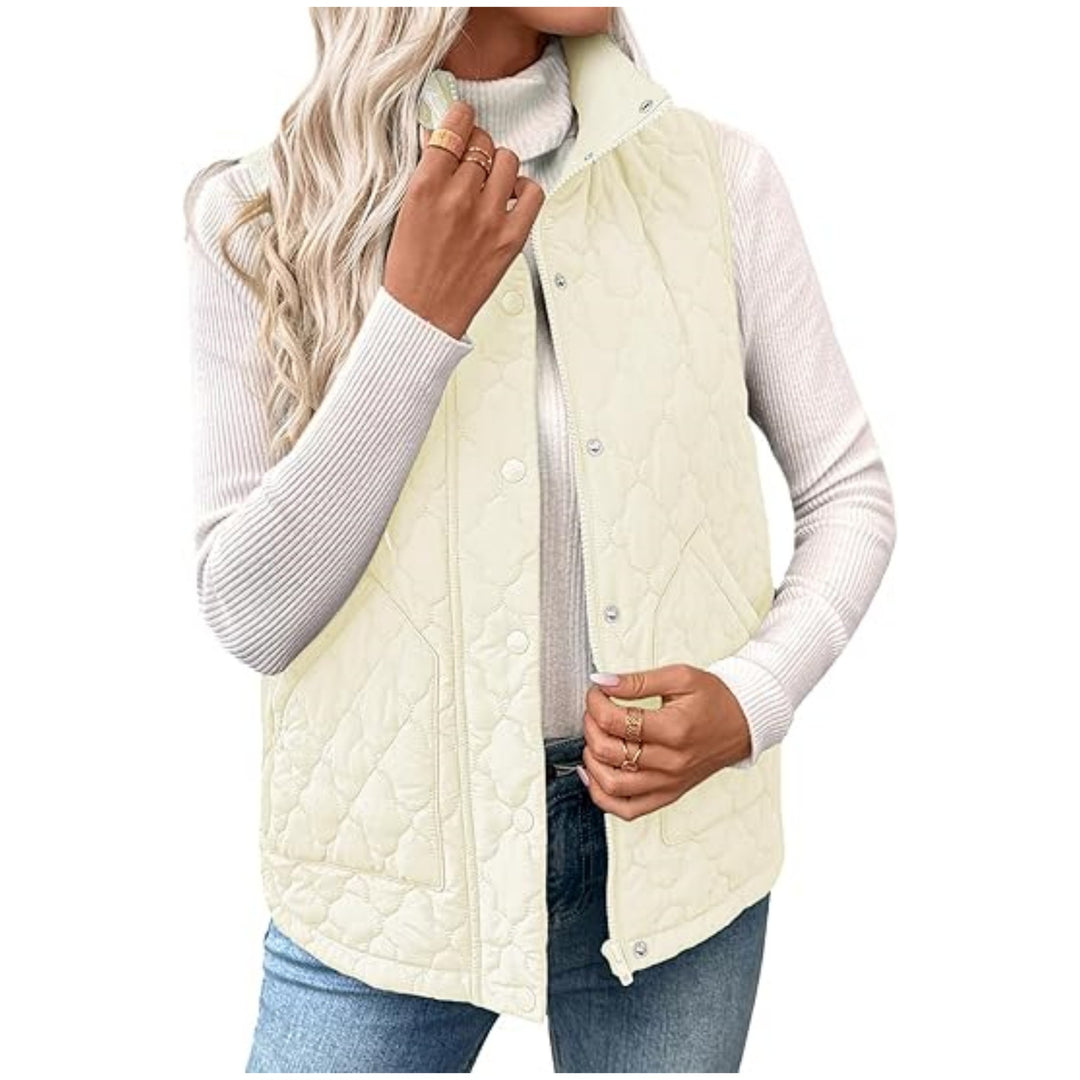 Women's quilted stand collar vest with zipper and snap buttons Mune Fashion