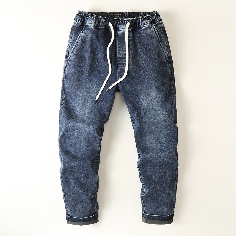 Men's denim joggers with elastic waistband, drawstring, and rolled hem Mune Fashion
