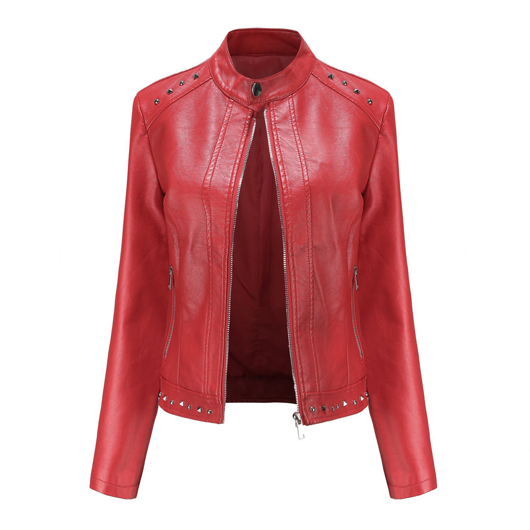 Women's cropped tailored faux leather jacket with stand-up collar two-way zipper and decorative stud hem Mune Fashion