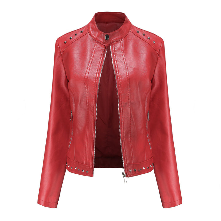 Women's cropped tailored faux leather jacket with stand-up collar two-way zipper and decorative stud hem Mune Fashion