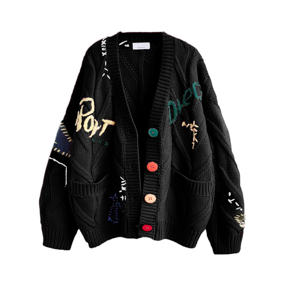 Women's Stylish Knitted Cardigan with Colorful Buttons and Elaborate Design