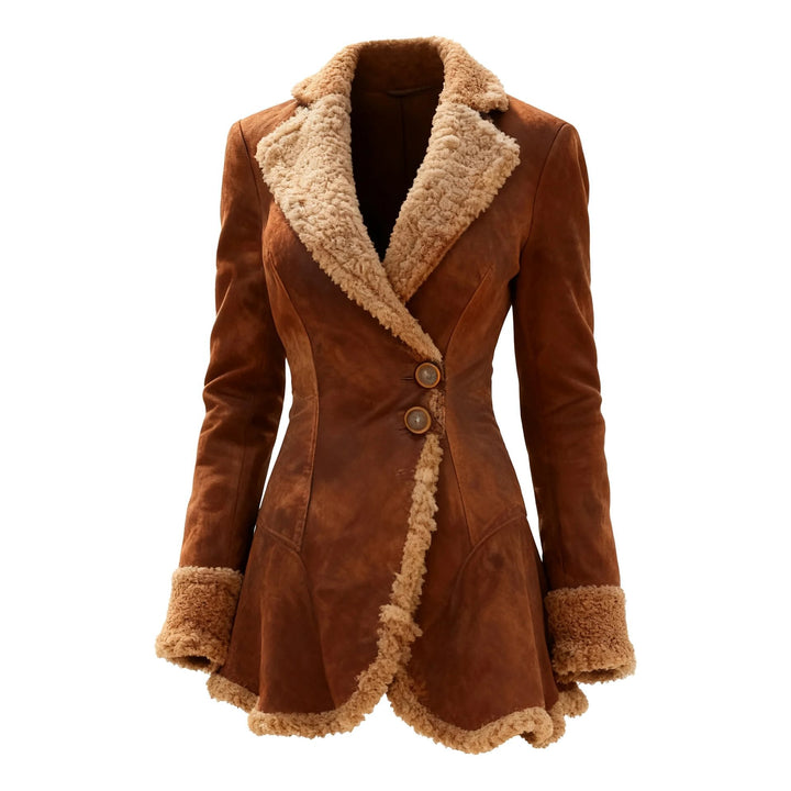 Women's nano tailored coat with faux fur trim, velvet structure, and flared hem Mune Fashion