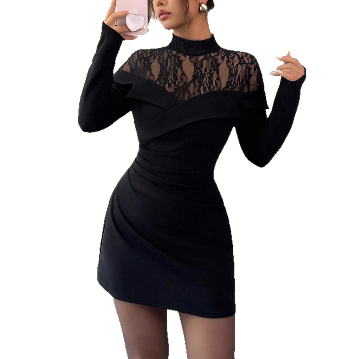 Women's Figure-Hugging Mini Dress with Lace Insert, Stand Collar and Draping Detail