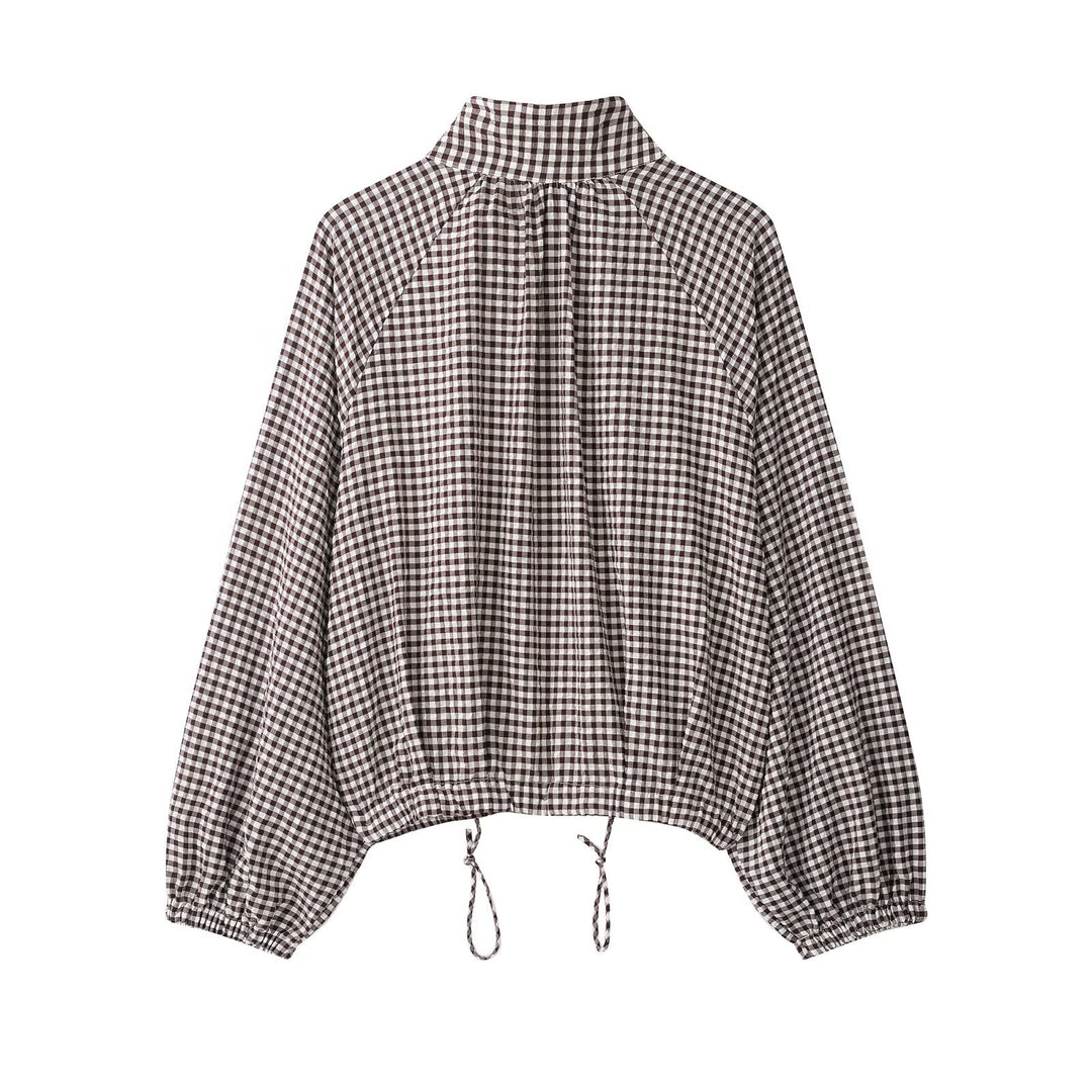 Ladies Checked Blouse with Stand Collar, Raglan Sleeves and Drawstring Hem Mune Fashion