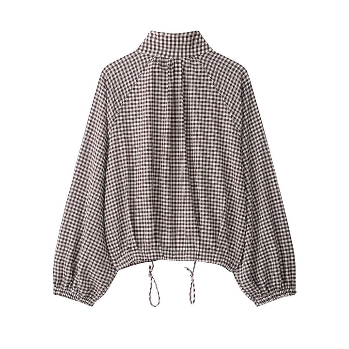 Ladies Checked Blouse with Stand Collar, Raglan Sleeves and Drawstring Hem Mune Fashion