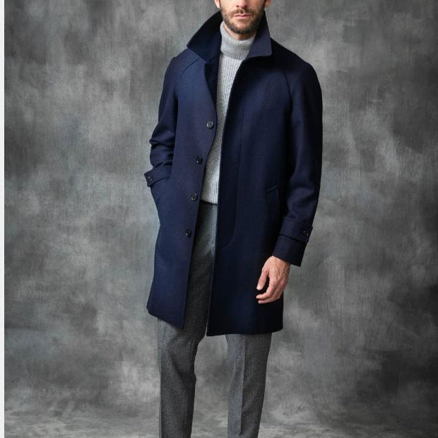Men's coat mid-length made of wool blend with tie belt and concealed button placket Mune Fashion