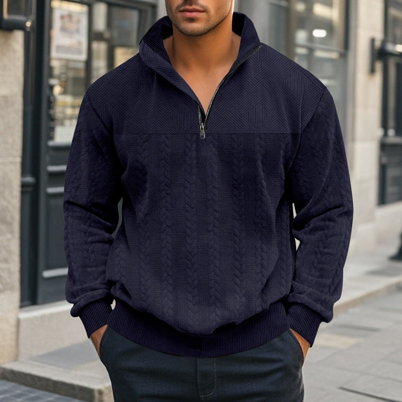Men's structured half-zip knit pullover with stand-up collar and cable pattern Mune Fashion