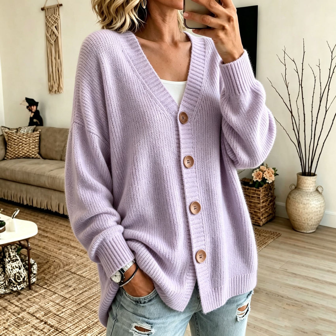 Women's Loose Longline Cardigan with Deep V-Neck and Wooden Buttons Mune Fashion
