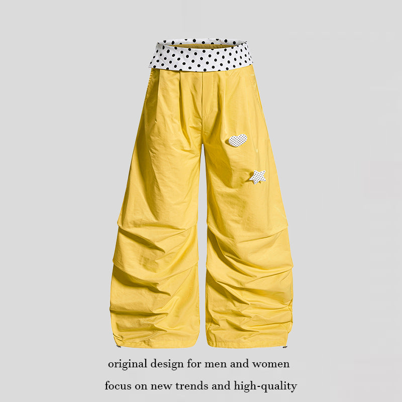 Women's Wide Palazzo Lounge Pants with Cuffed Waistband, Gathered Leg, and Application Details Mune Fashion
